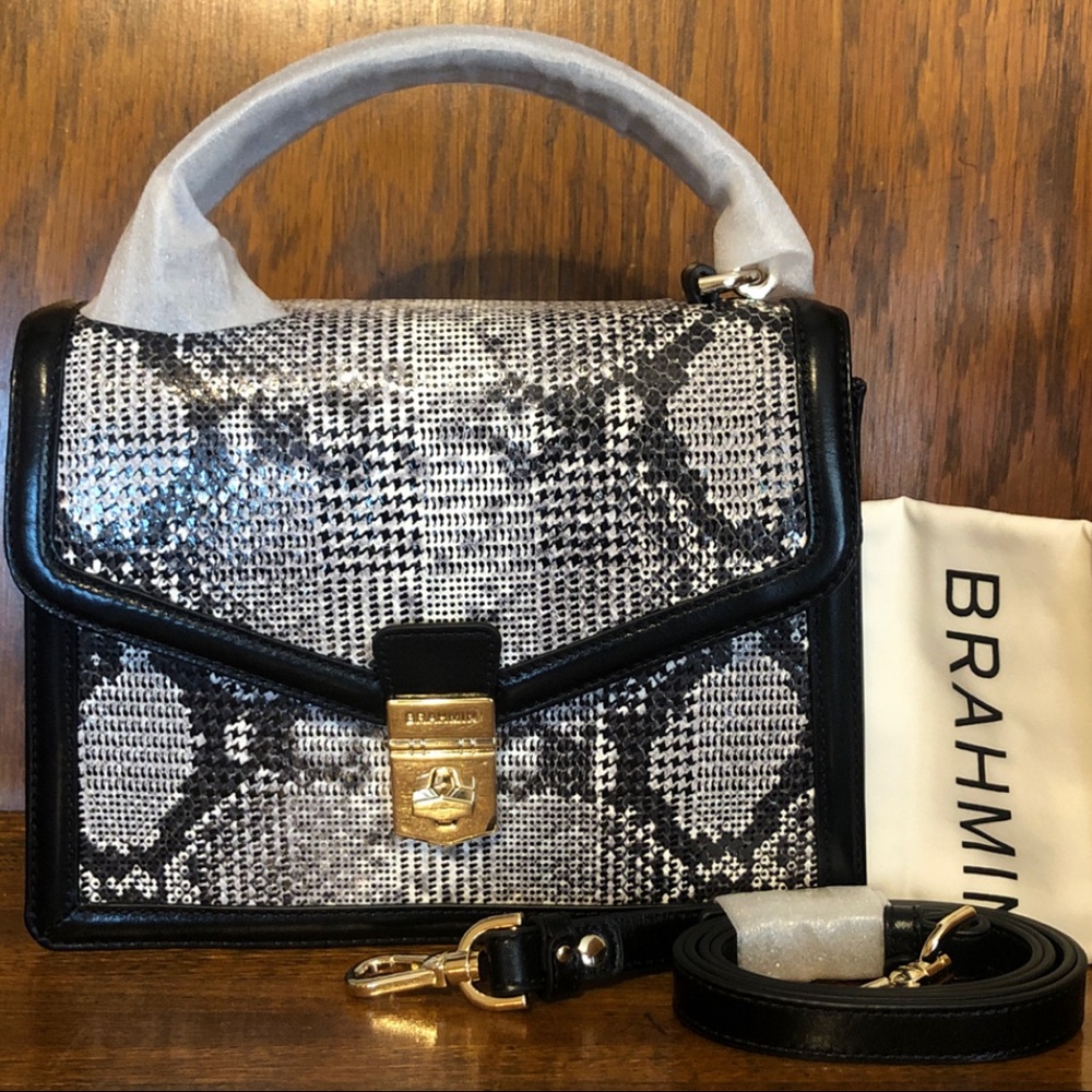 NWT-Brahmin-Small Hallie-Black Spark-Top Handle Satchel-Snake Embossed-$415